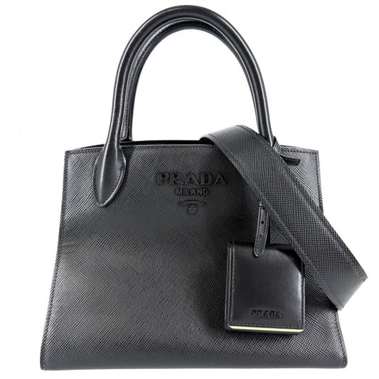Prada 2-Way Triangle Logo Monochrome Shoulder Bag Crossbody Leather Black Gold
