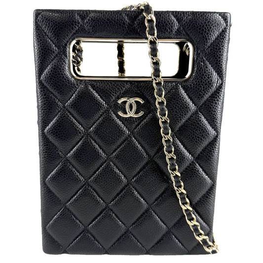 Chanel Shoulder Bag Quilted Evening CC Logo Bag Caviar Leather Black Gold