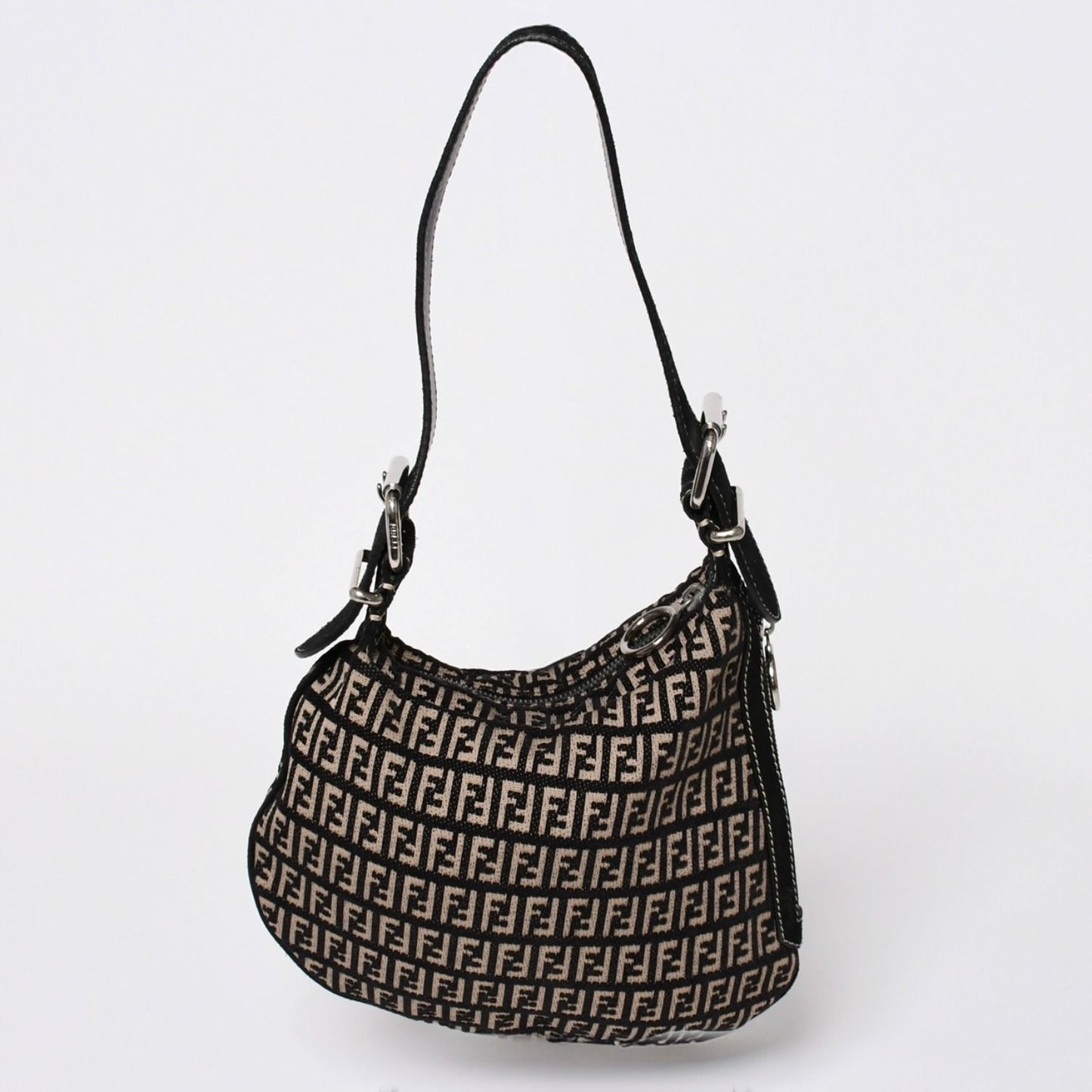 Fendi Zucchino Oyster Bag Canvas Leather Black Beige Silver — view 2