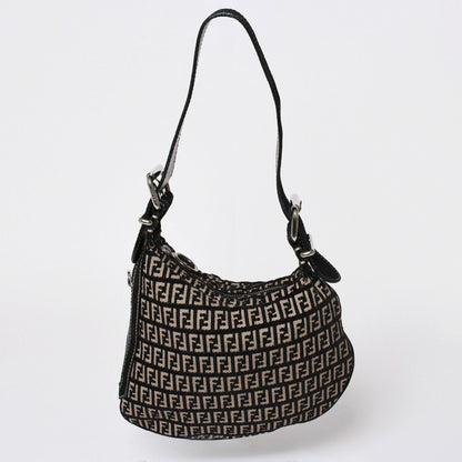 Fendi Zucchino Oyster Bag Canvas Leather Black Beige Silver