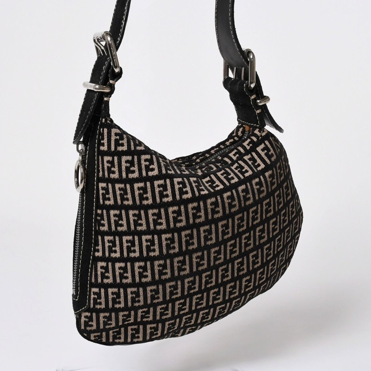 Fendi Zucchino Oyster Bag Canvas Leather Black Beige Silver — view 3
