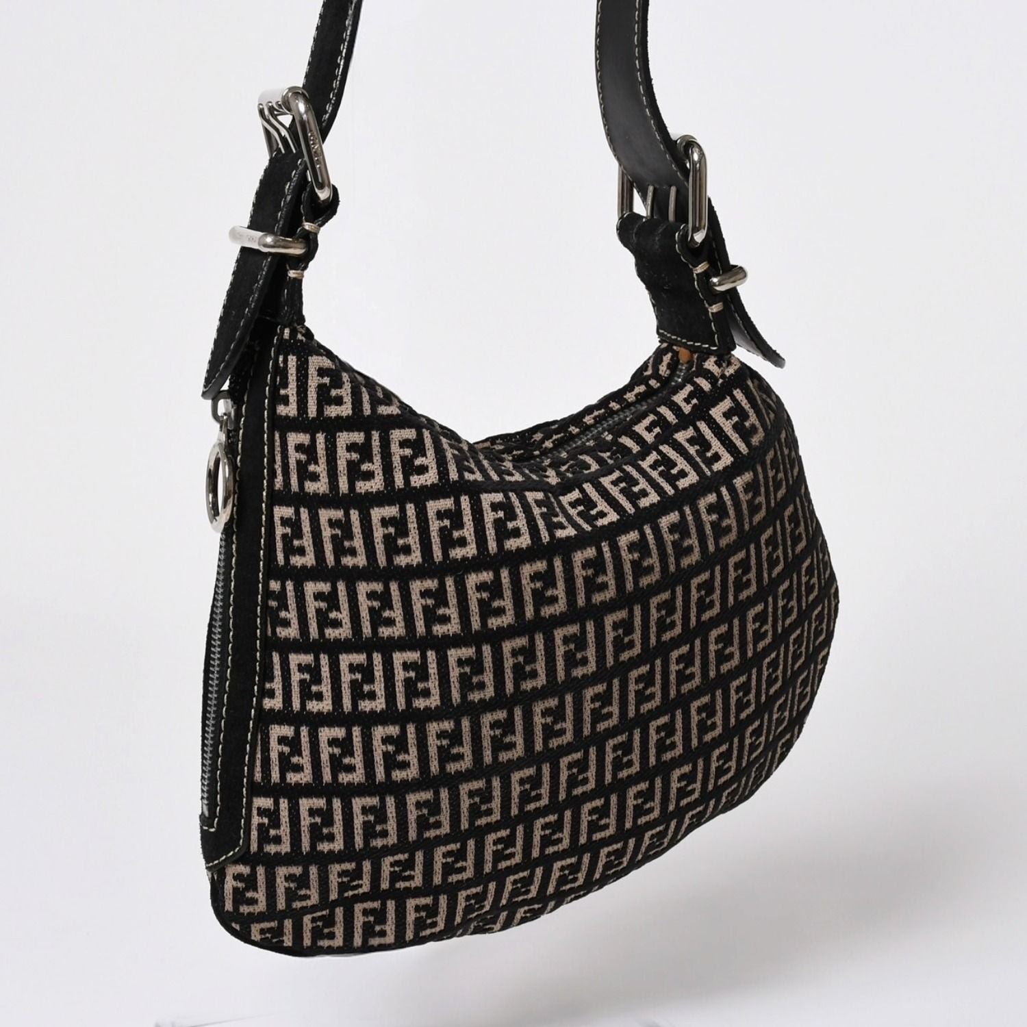 Fendi Zucchino Oyster Bag Canvas Leather Black Beige Silver — view 3