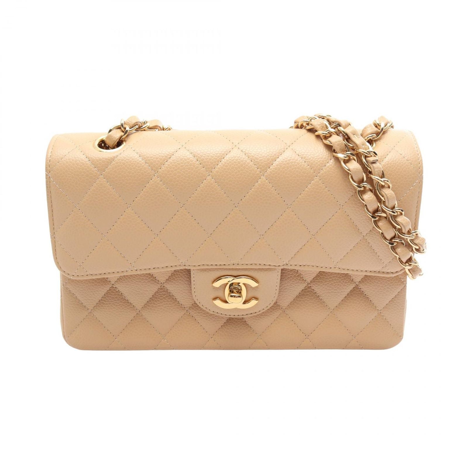Chanel Shoulder Bag Quilted Double Flap Beige Caviar Leather Chain