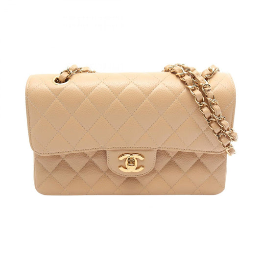 Chanel Shoulder Bag Quilted Double Flap Beige Caviar Leather Chain