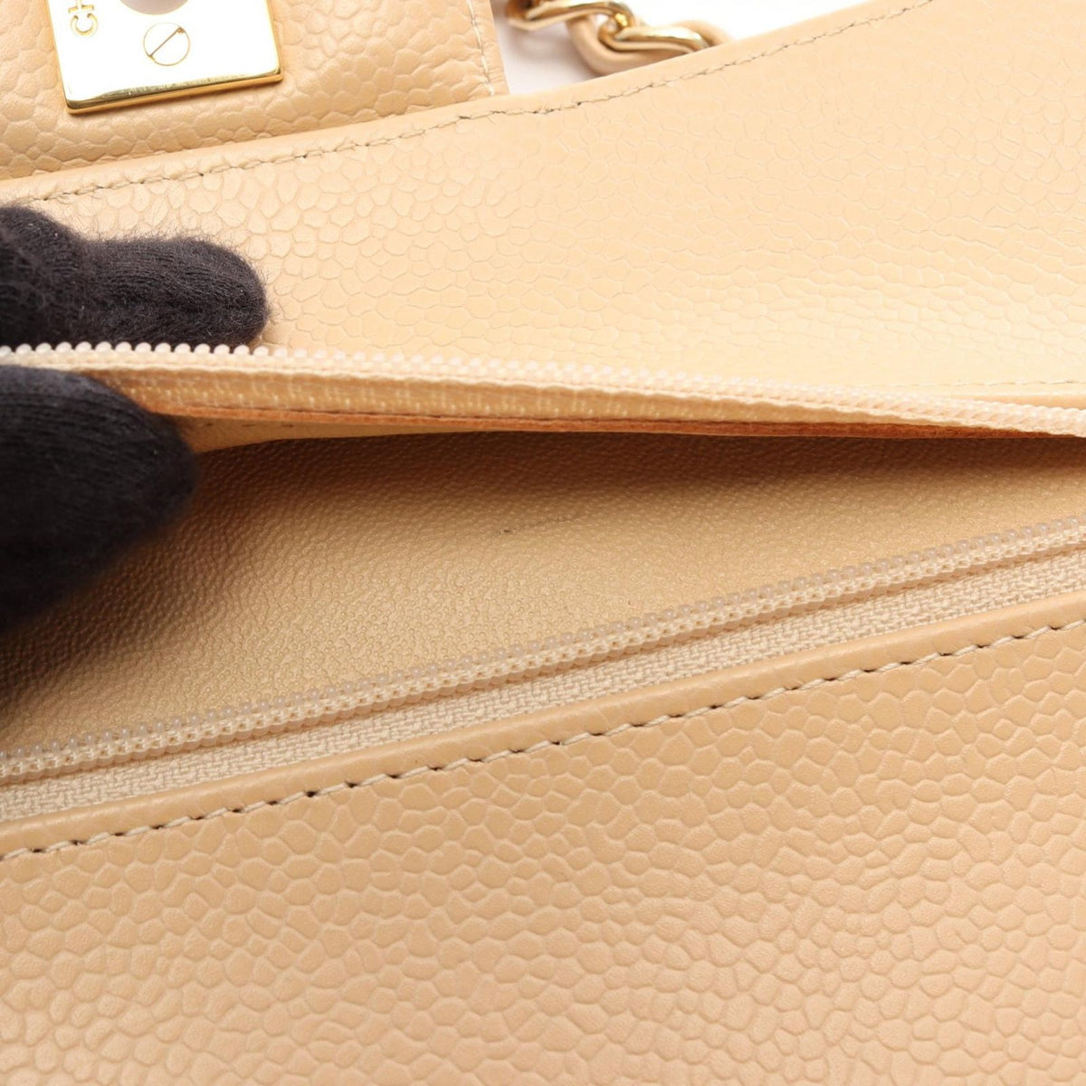 Chanel Shoulder Bag Quilted Double Flap Beige Caviar Leather Chain — view 6