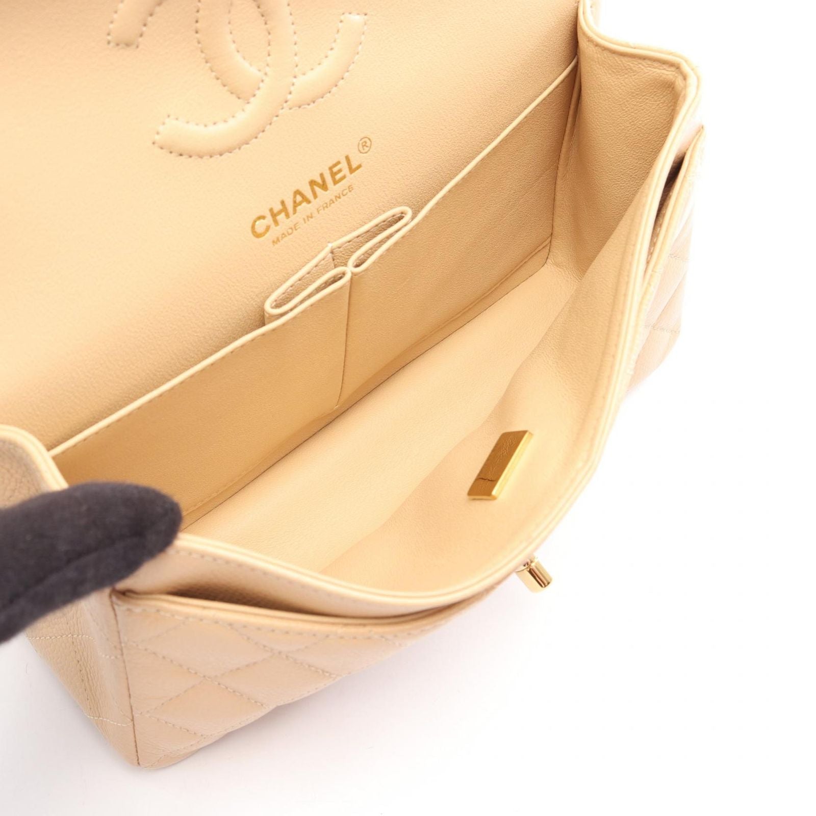 Chanel Shoulder Bag Quilted Double Flap Beige Caviar Leather Chain — view 3