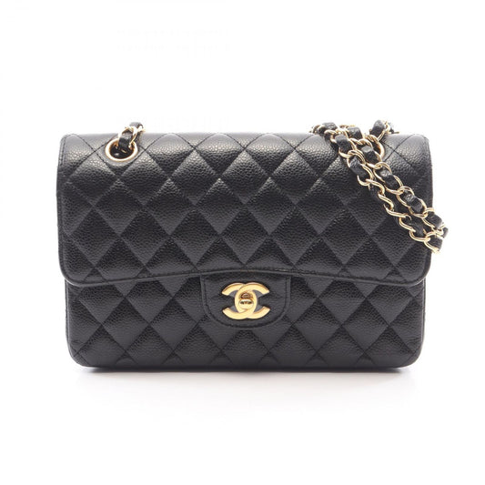 Chanel Shoulder Bag Quilted Double Flap Black Caviar Leather Chain