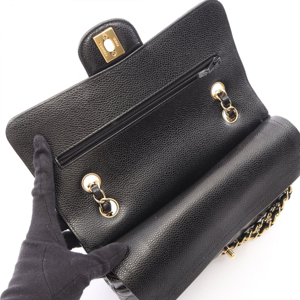 Chanel Shoulder Bag Quilted Double Flap Black Caviar Leather Chain — view 6