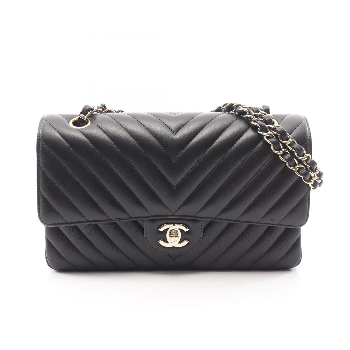 Chanel Shoulder Bag Blanc Stitch Double Flap Black Lambskin Chain