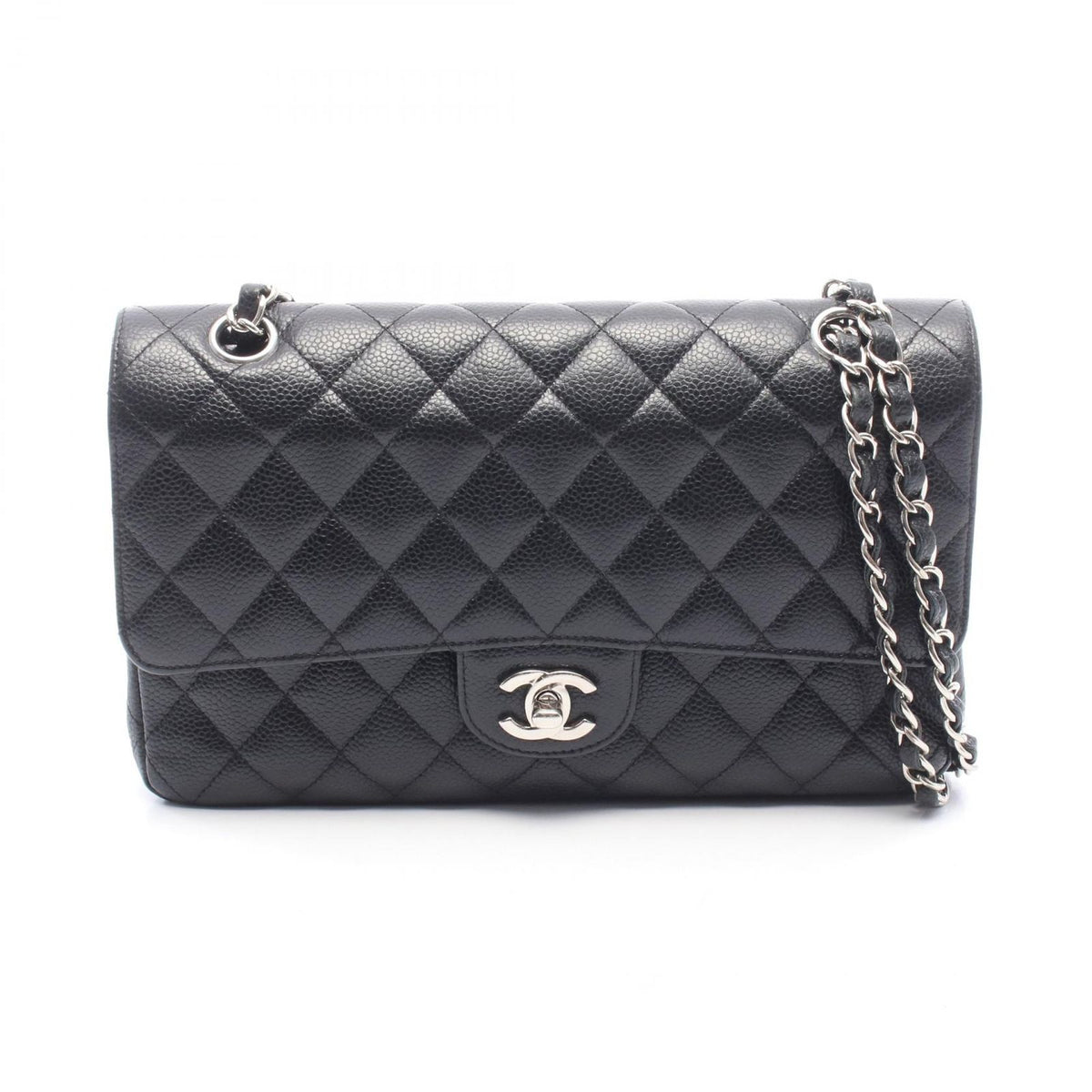 Chanel Shoulder Bag Quilted Double Flap Black Caviar Leather Chain