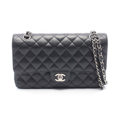 Chanel Shoulder Bag Quilted Double Flap Black Caviar Leather Chain