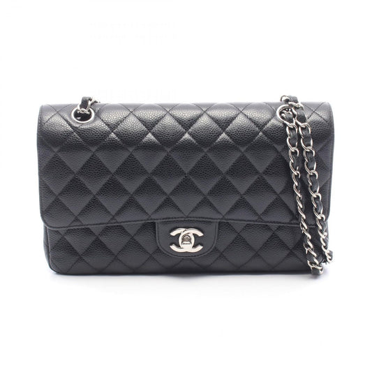 Chanel Shoulder Bag Quilted Double Flap Black Caviar Leather Chain