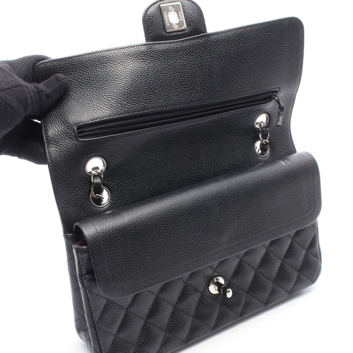 Chanel Shoulder Bag Quilted Double Flap Black Caviar Leather Chain — view 7