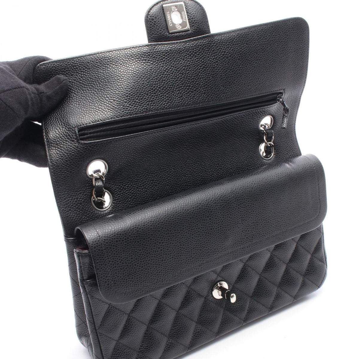 Chanel Shoulder Bag Quilted Double Flap Black Caviar Leather Chain — view 7