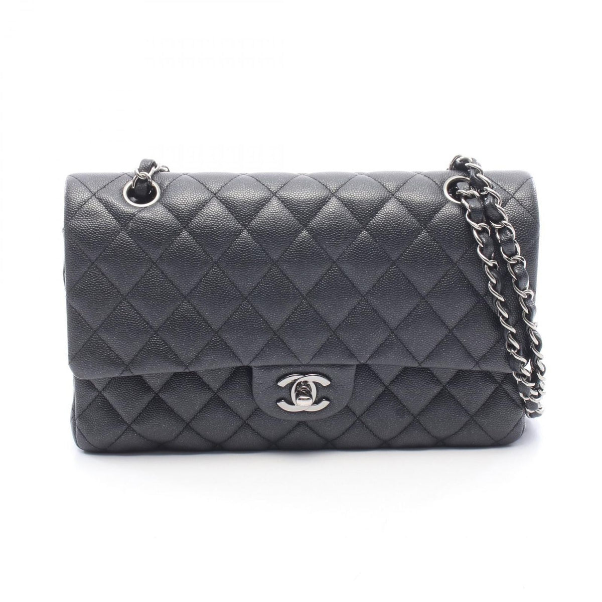 Chanel Shoulder Bag Quilted Double Flap Lame Black Caviar Leather Chain