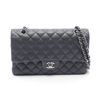 Chanel Shoulder Bag Quilted Double Flap Lame Black Caviar Leather Chain