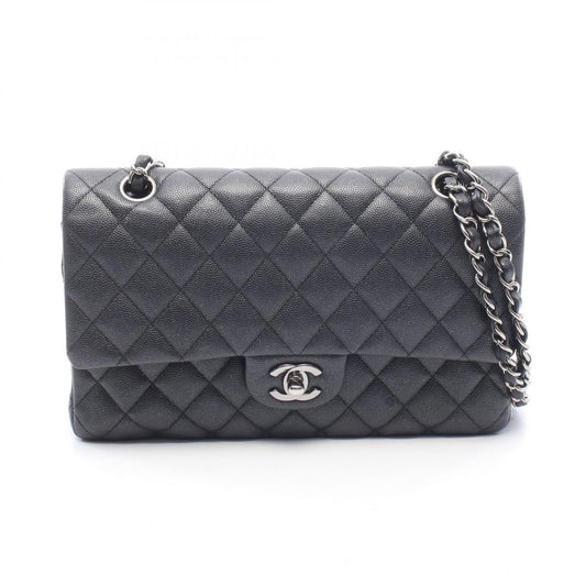 Chanel Shoulder Bag Quilted Double Flap Lame Black Caviar Leather Chain