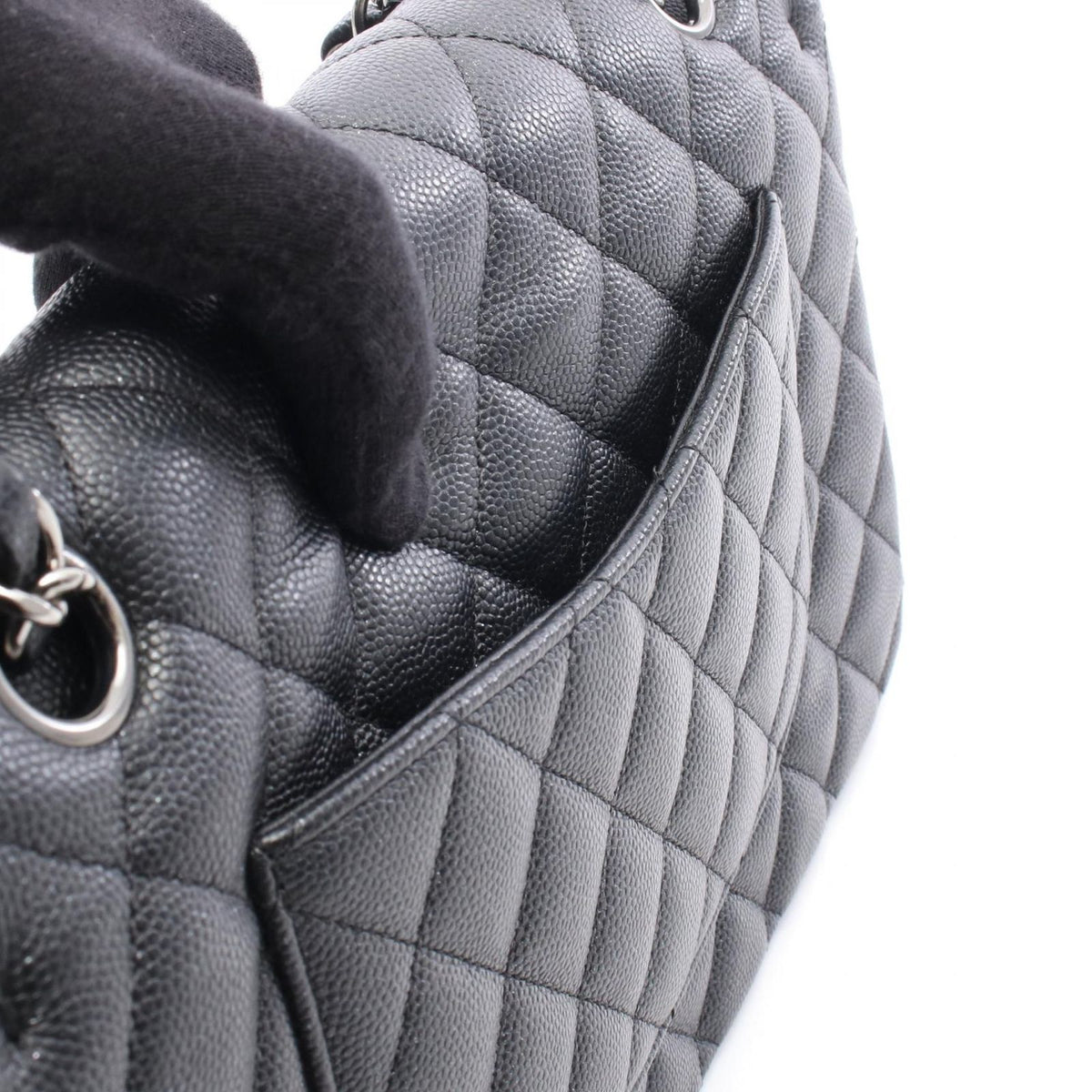 Chanel Shoulder Bag Quilted Double Flap Lame Black Caviar Leather Chain — view 6