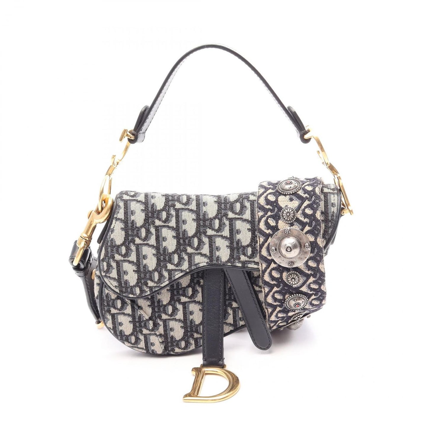 Dior Handbag Saddle Bag Mini Oblique Jacquard 2-Way Ivory Navy Canvas Leather