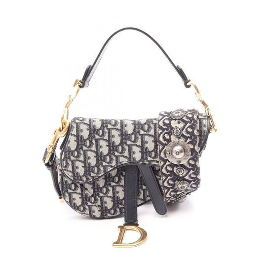 Dior Handbag Saddle Bag Mini Oblique Jacquard 2-Way Ivory Navy Canvas Leather