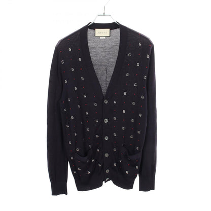 Gucci Cardigan Logo All Over Pattern Wool Navy