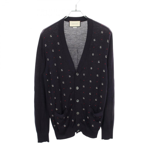 Gucci Cardigan Logo All Over Pattern Wool Navy