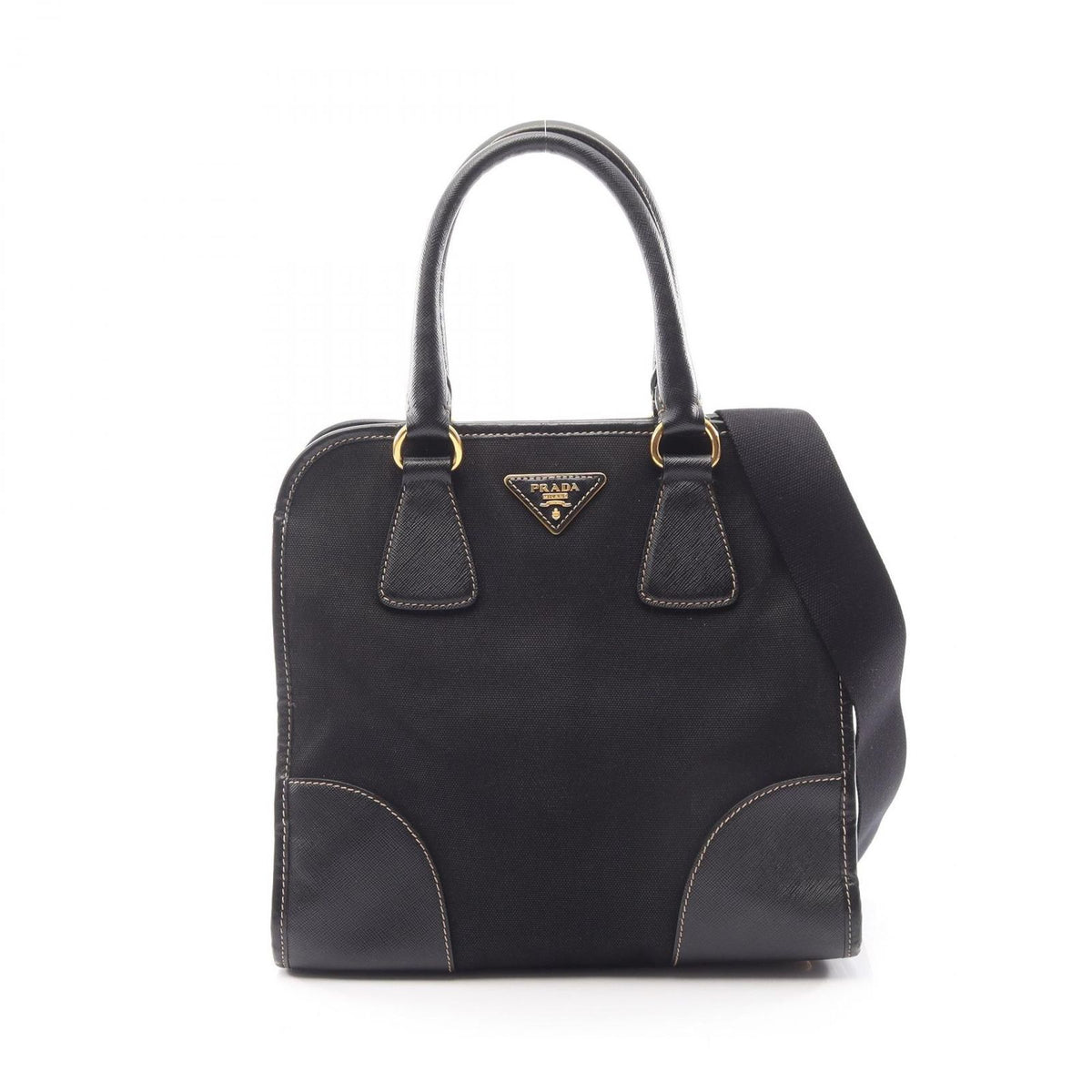 Prada Handbag Triangle Plate 2-Way Black Canvas Saffiano Leather Logo Shoulder