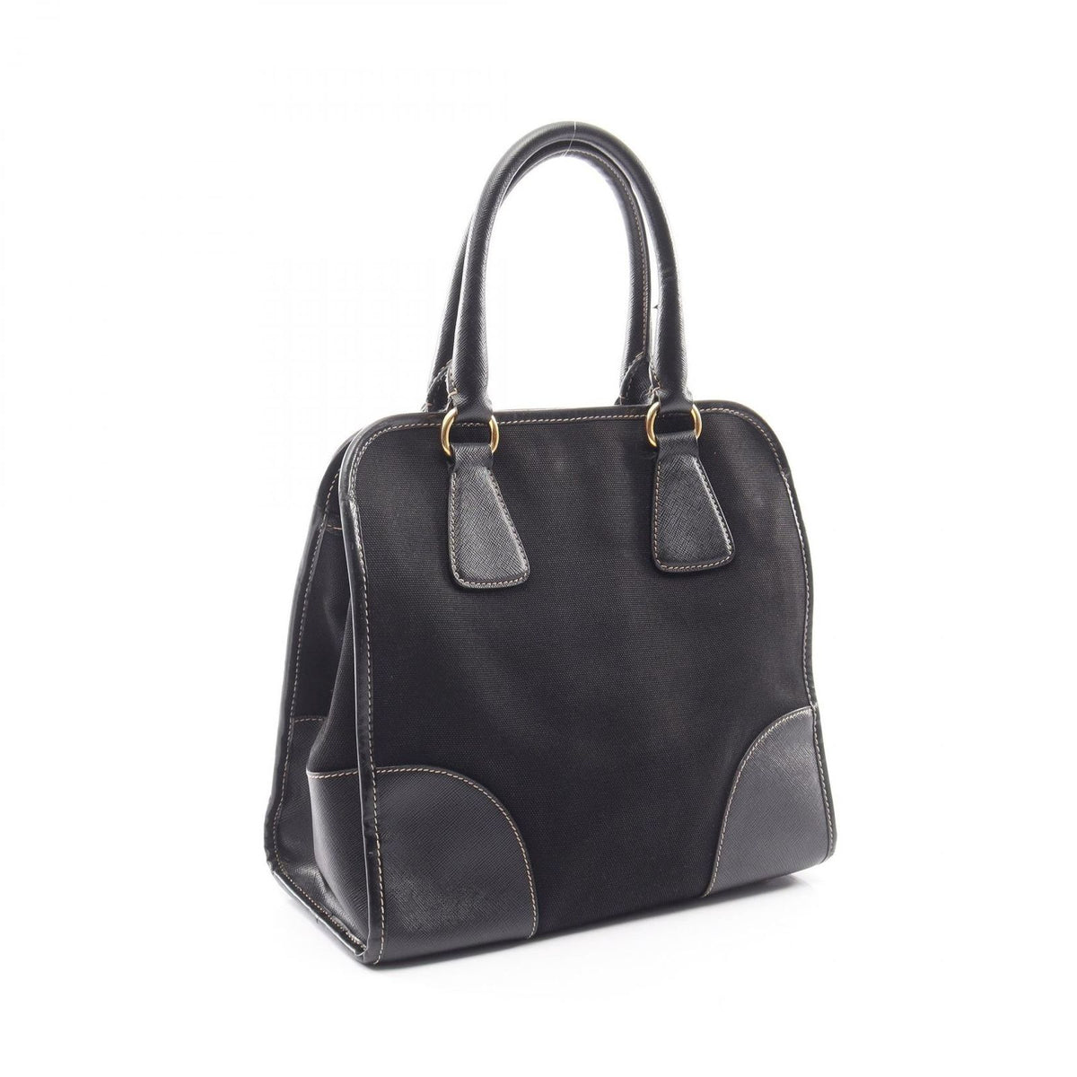 Prada Handbag Triangle Plate 2-Way Black Canvas Saffiano Leather Logo Shoulder — view 2