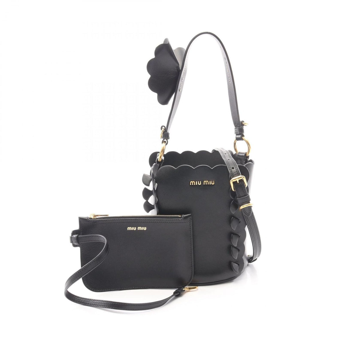 Miu Miu Handbag Bucket Bag Flower 2-Way Black Leather