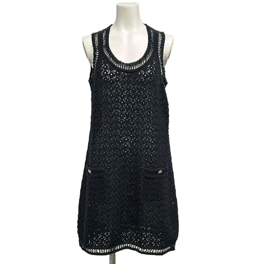 Chanel Dress Black Crochet Camellia Button Sleeveless Cotton