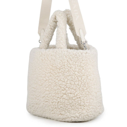 Prada Tote Bag Triangle Logo Shearling Small Cashmere Wool 2-Way White — view 2