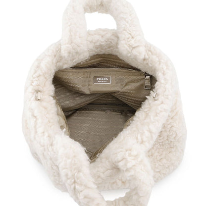 Prada Tote Bag Triangle Logo Shearling Small Cashmere Wool 2-Way White — view 6