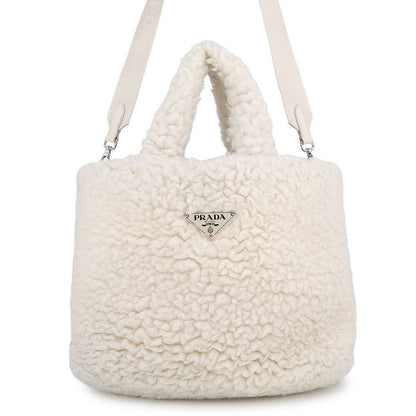Prada Tote Bag Triangle Logo Shearling Small Cashmere Wool 2-Way White
