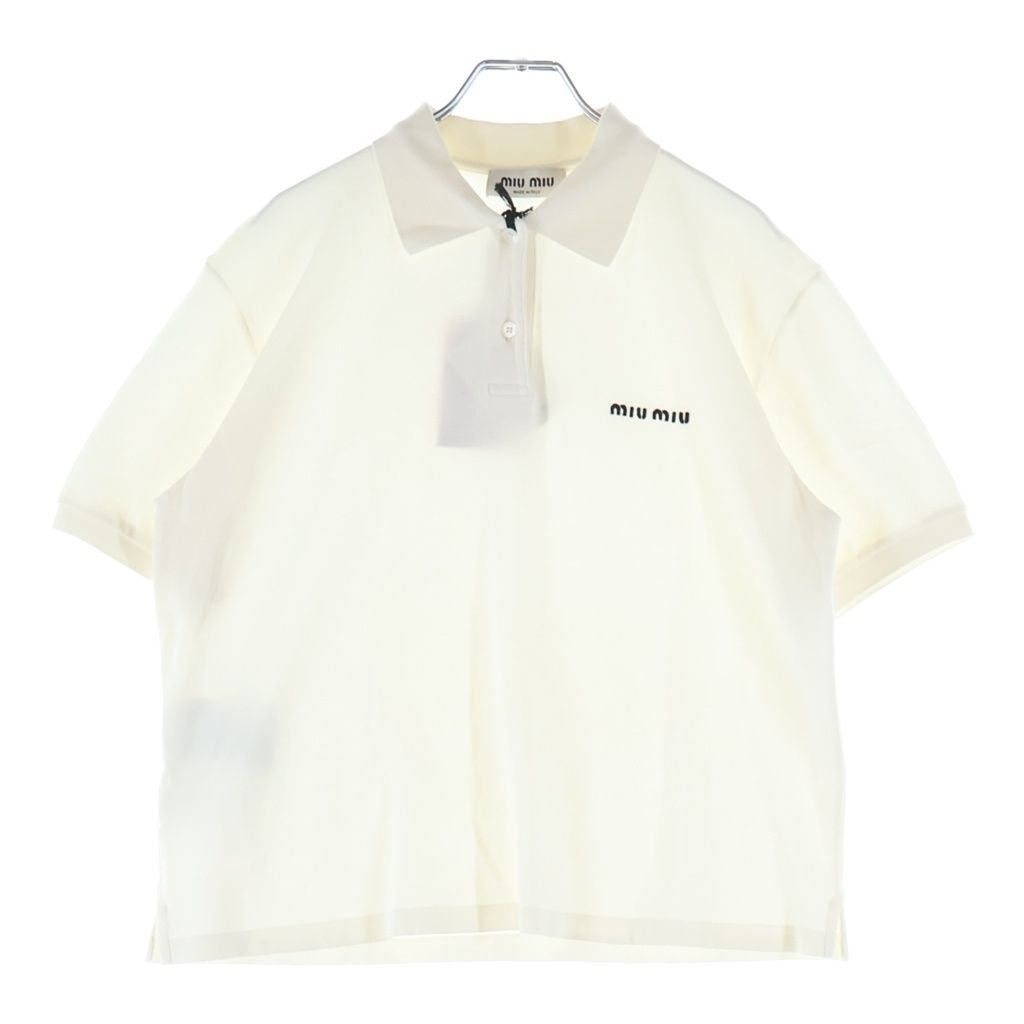 Miu Miu Cotton Pique Front Logo Embroidery Short Sleeve Polo Shirt White