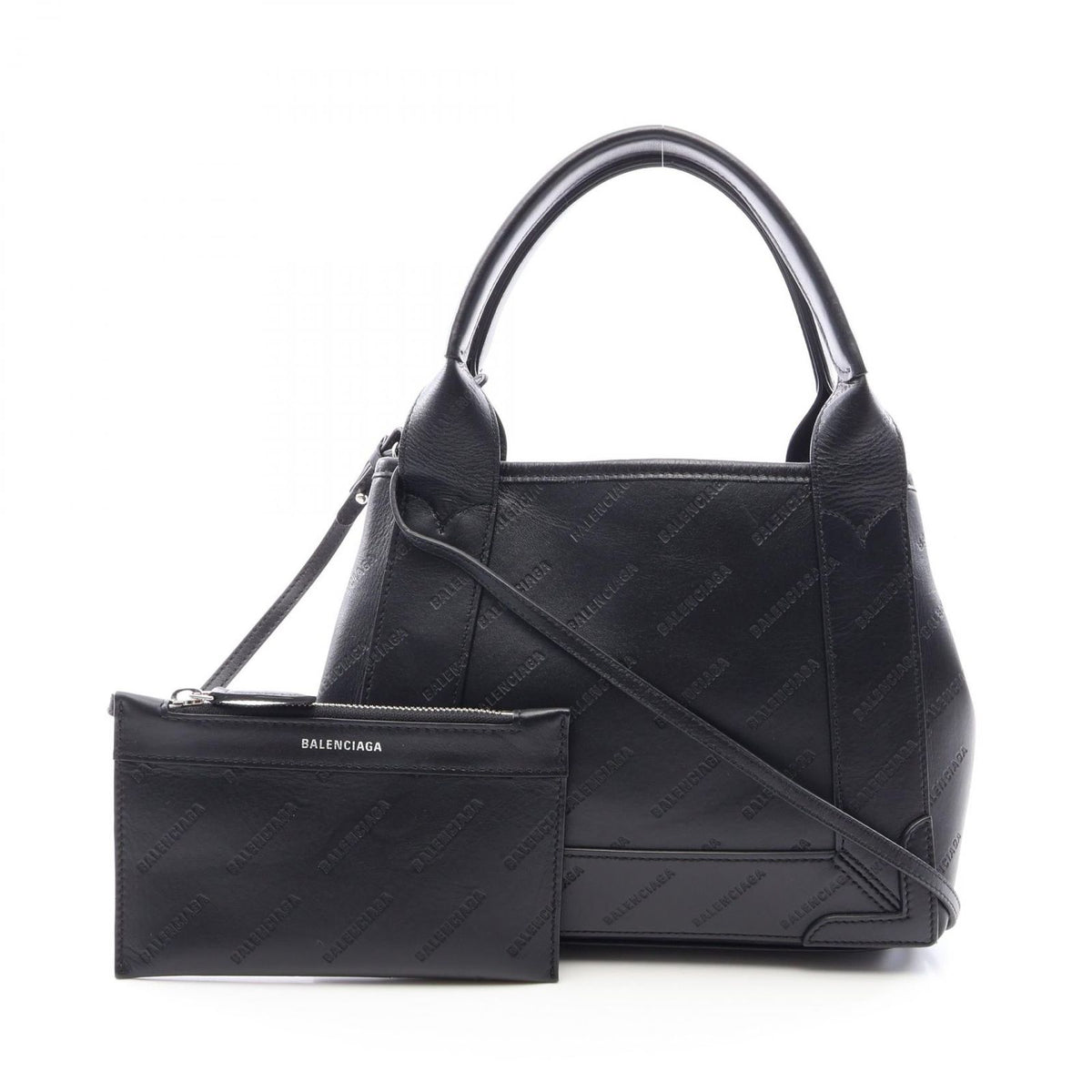 Balenciaga Navy Cabas XS 2-Way Black Leather All Over Logo XS Handbag