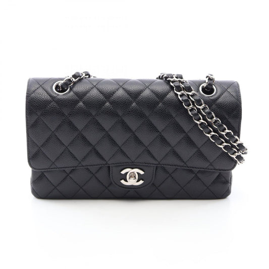 Chanel Shoulder Bag Quilted Double Flap Black Caviar Leather Chain