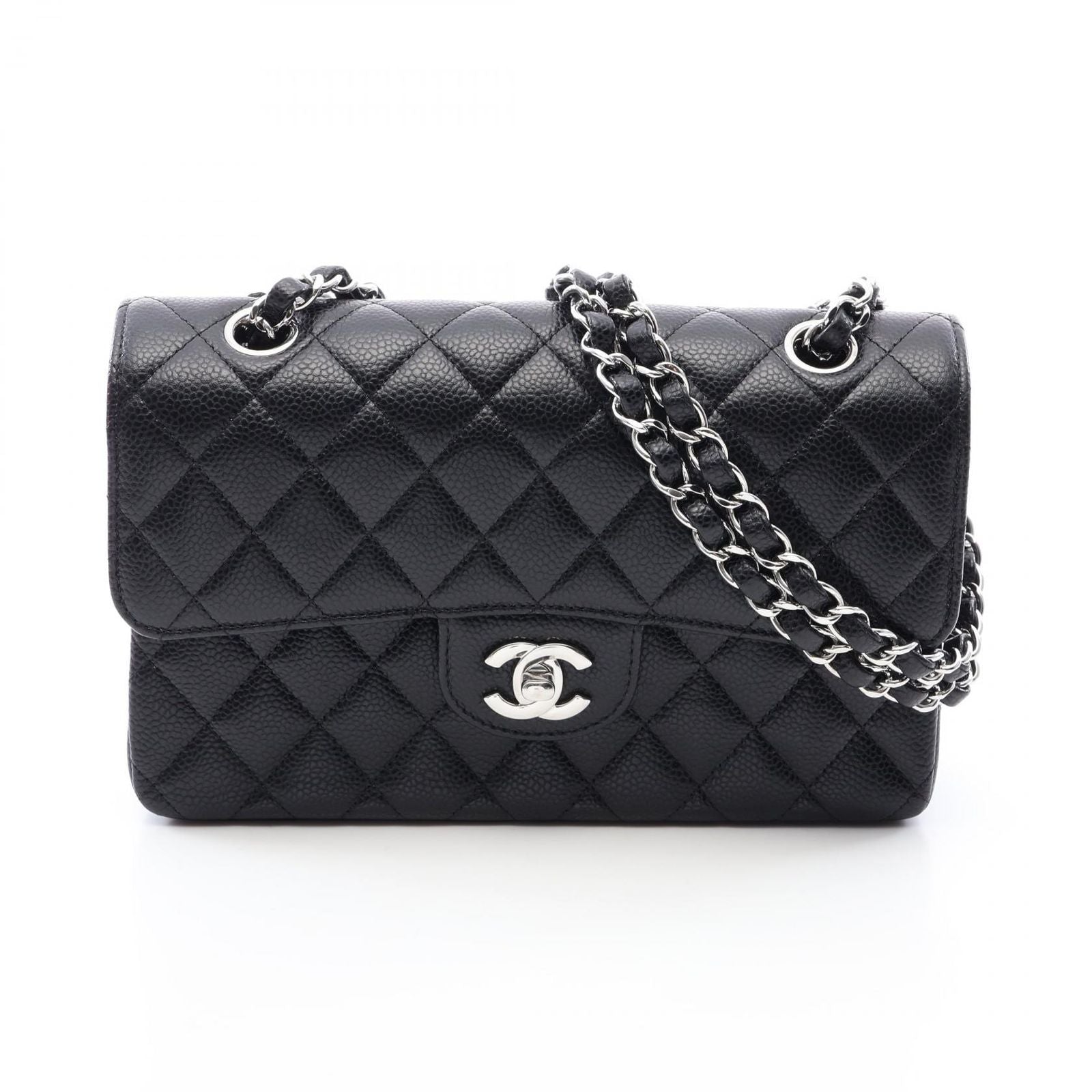 Chanel Shoulder Bag Quilted Double Flap Black Caviar Leather Chain