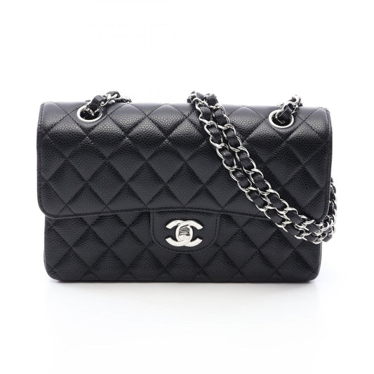 Chanel Shoulder Bag Quilted Double Flap Black Caviar Leather Chain