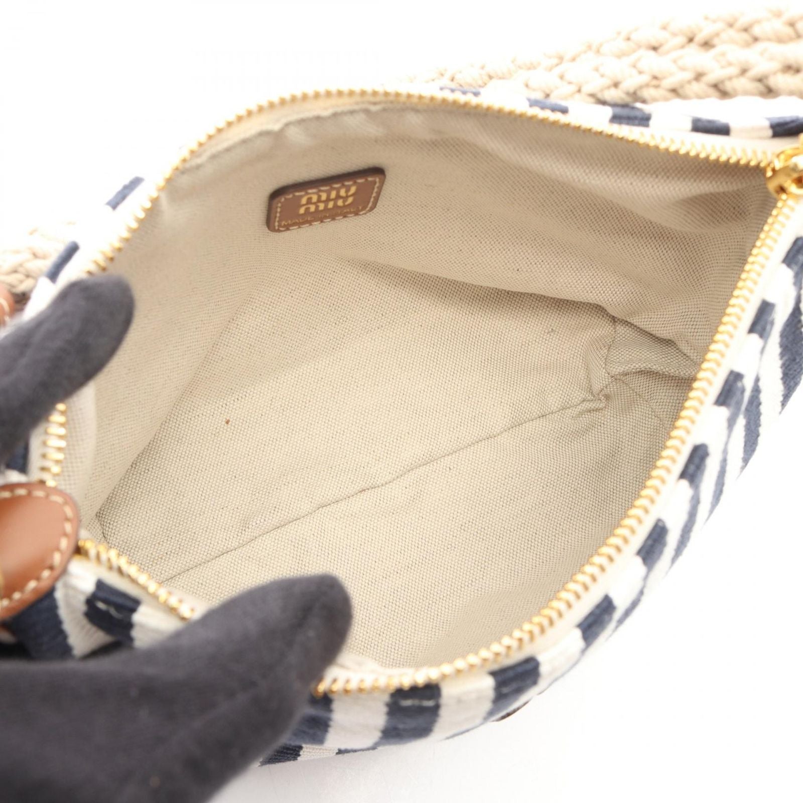 Miu Miu Handbag Cannette' Righe Stripe White Navy Brown Canvas Leather Spirit — view 3
