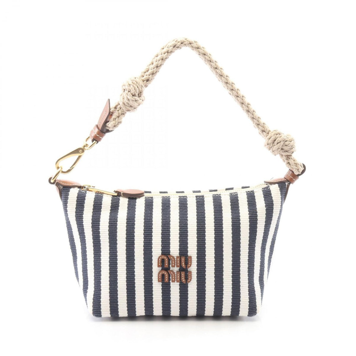 Miu Miu Handbag Cannette' Righe Stripe White Navy Brown Canvas Leather Spirit