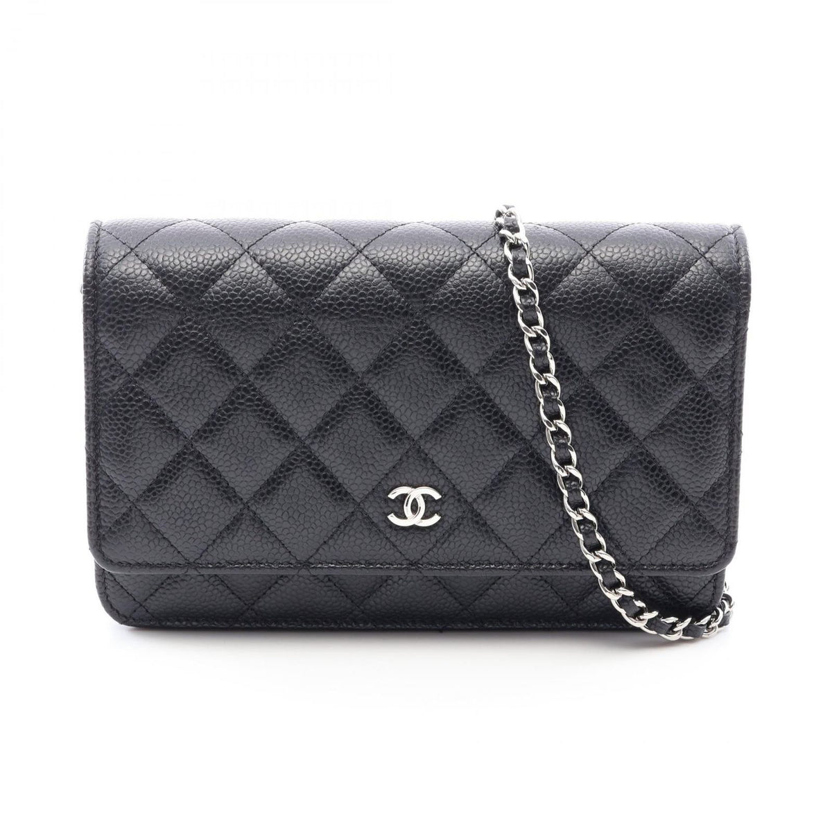 Chanel Shoulder Bag Quilted Black Caviar Leather Chain Wallet