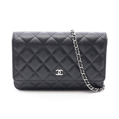 Chanel Shoulder Bag Quilted Black Caviar Leather Chain Wallet