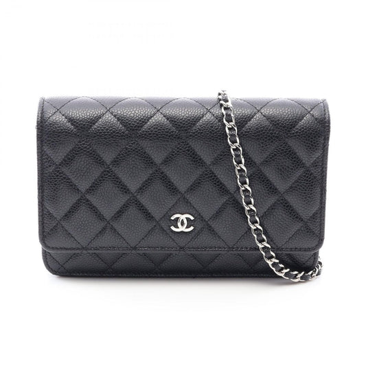 Chanel Shoulder Bag Quilted Black Caviar Leather Chain Wallet