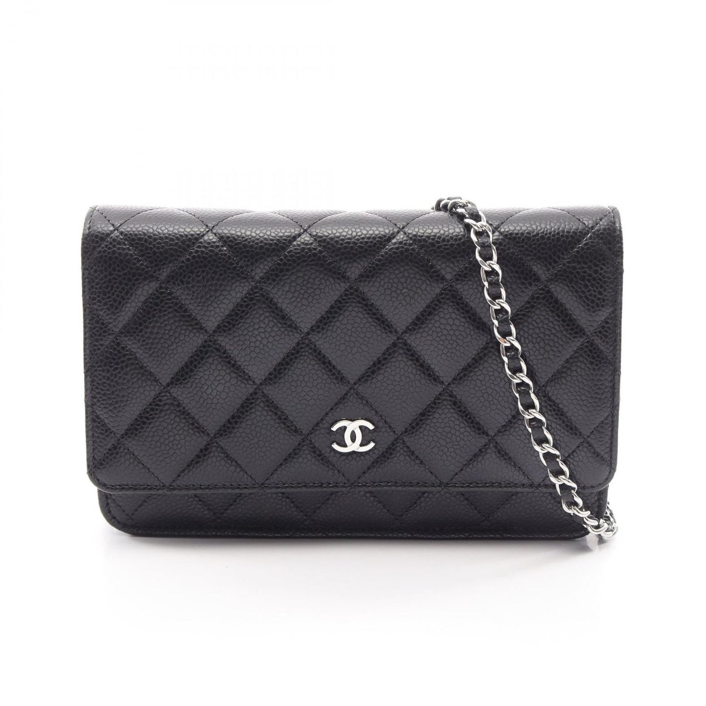 Chanel Shoulder Bag Quilted Black Caviar Leather Chain Wallet