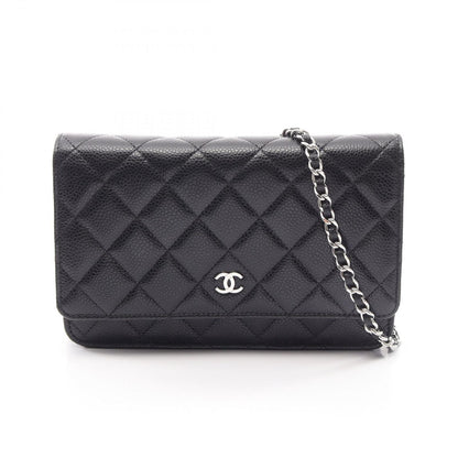 Chanel Shoulder Bag Quilted Black Caviar Leather Chain Wallet