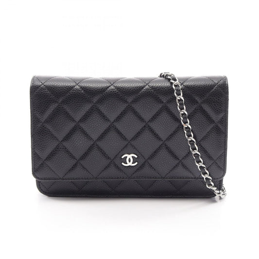 Chanel Shoulder Bag Quilted Black Caviar Leather Chain Wallet