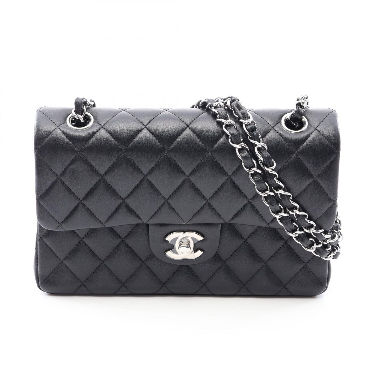 Chanel Shoulder Bag Quilted Double Flap Black Lambskin Chain