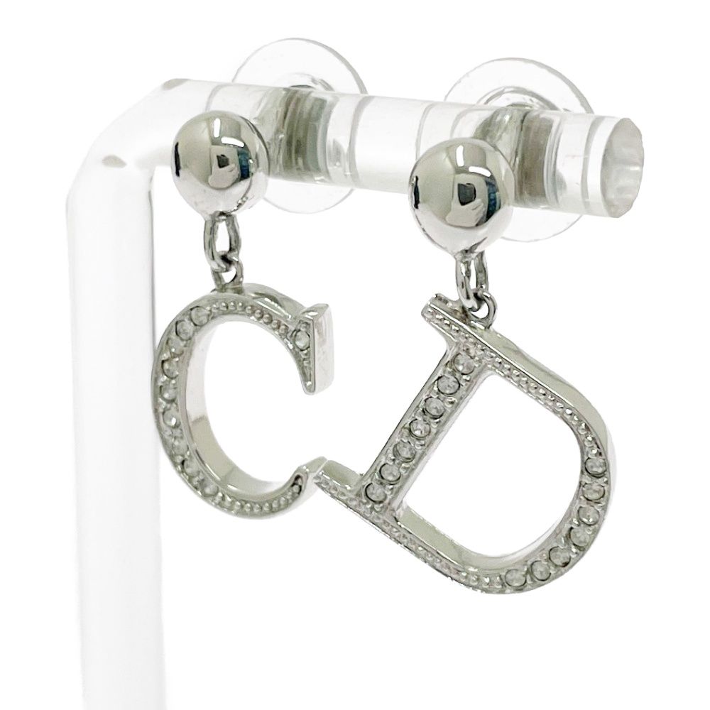 Dior Metal Rhinestone CD Logo Earrings Silver — view 3