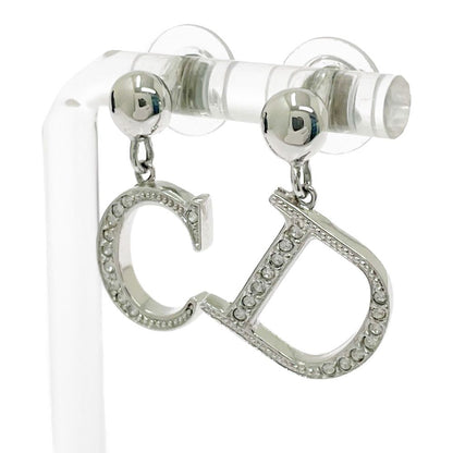 Dior Metal Rhinestone CD Logo Earrings Silver — view 3