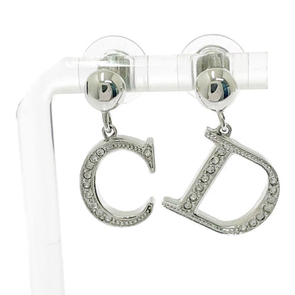 Dior Metal Rhinestone CD Logo Earrings Silver